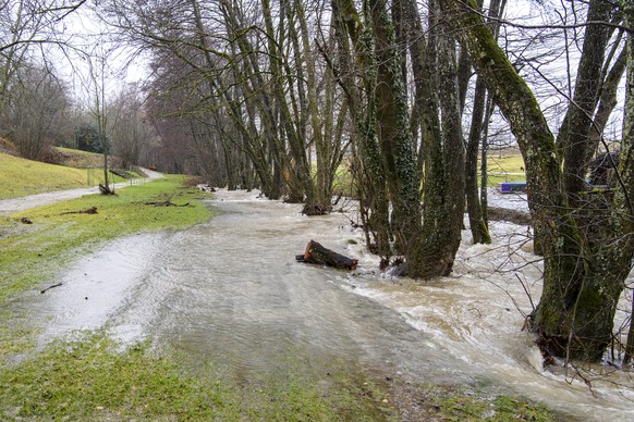 La riviere de l&#039;Asse en crue photographiee, ce jeudi 4 janvier 2018 a Nyon. l&#039;Asse qui a deborde a provoque des degats sur des habitations et des hangars, (KEYSTONE/Martial Trezzini)