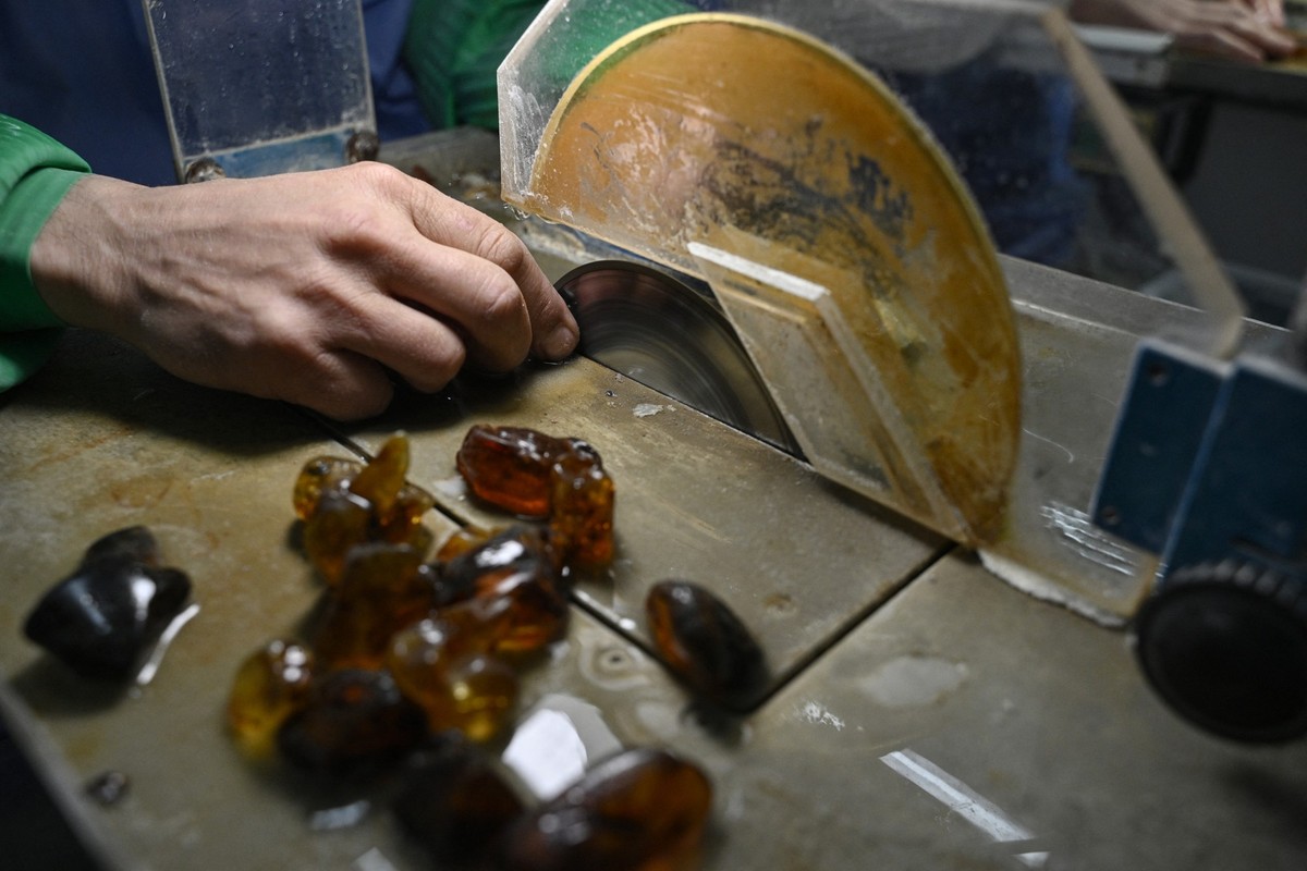 An employee processes amber at a production facility of the Amber Galbin group in Rivne, northwestern Ukraine on May 20, 2026. Russia's invasion has hit efforts to regulate the industry in Ukrain ...