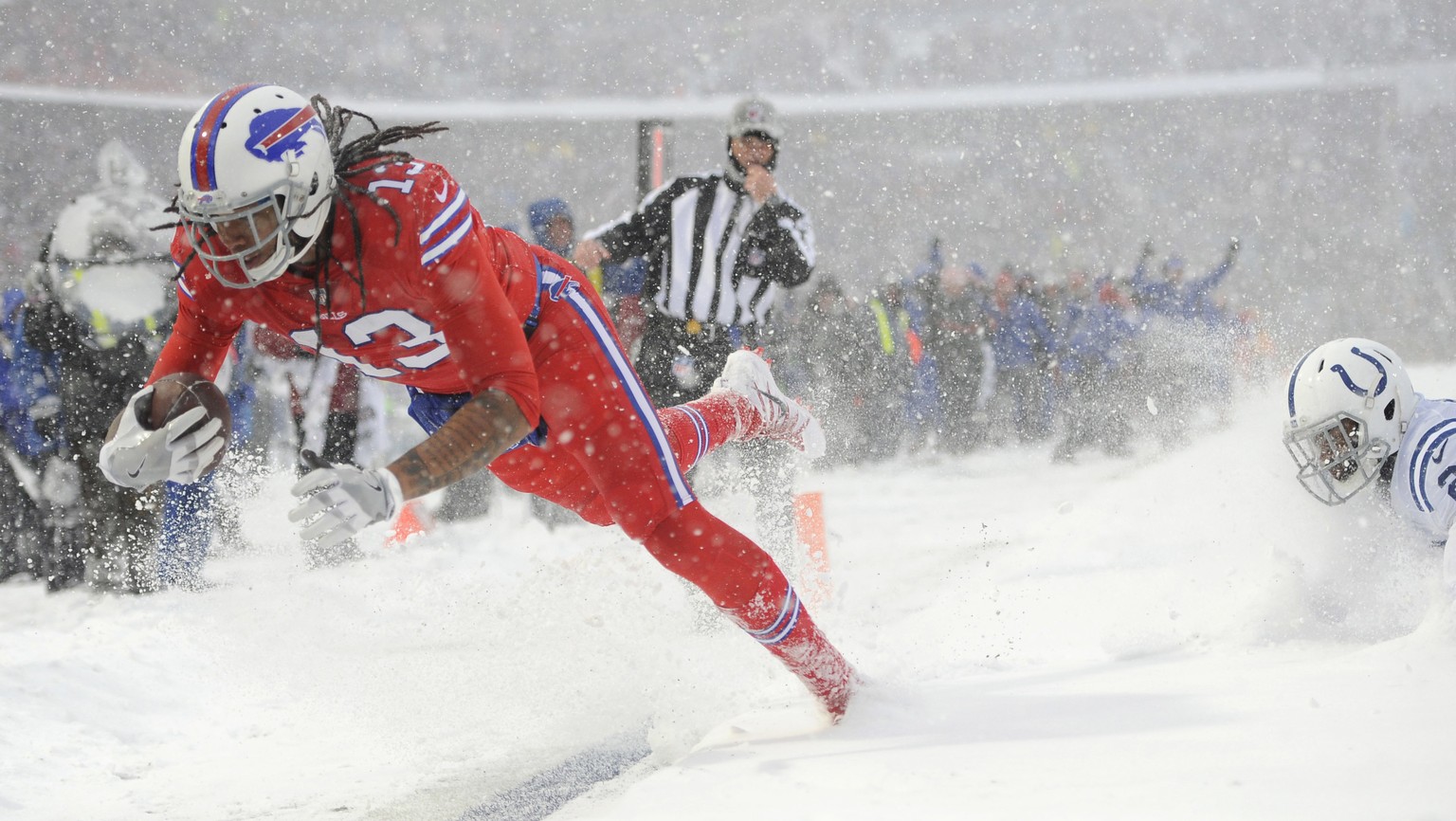 Buffalo Bills wide receiver Kelvin Benjamin scores a touchdown during the first half of an NFL football game against the Indianapolis Colts, Sunday, Dec. 10, 2017, in Orchard Park, N.Y. (AP Photo/Adri ...