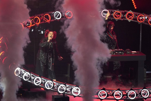 LUM!X and Pia Maria from Austria performs Halo during rehearsals at the Eurovision Song Contest in Turin, Italy, Monday, May 9, 2022. (AP Photo/Luca Bruno)