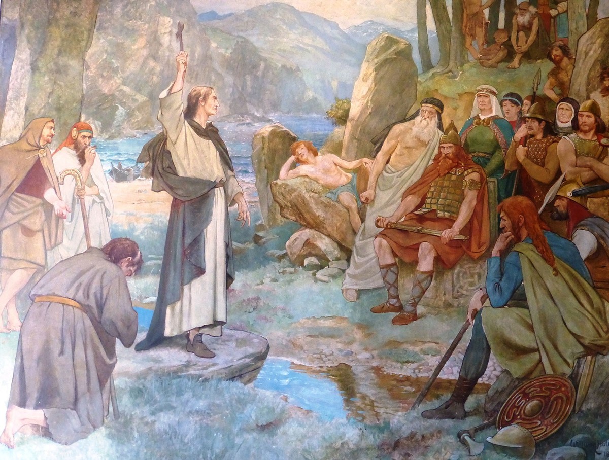 Colomba convertit les Pictes, peinture murale de William Hole, vers 1899.
https://commons.wikimedia.org/wiki/File:Saint_Columba_converting_the_Picts.jpg