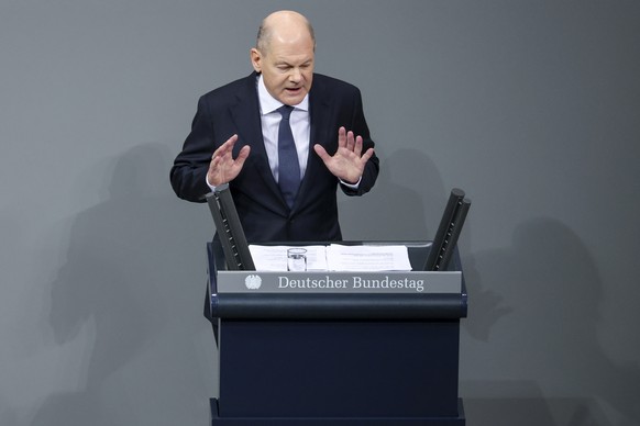 epa11780622 German Chancellor Olaf Scholz delivers a speech at the meeting of the German Bundestag on the vote of confidence in the Chancellor, in Berlin, Germany, 16 December 2024. Scholz has submitt ...