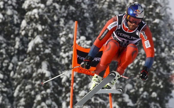 Norway's Aksel Lund Svindal speeds down the course during training for an alpine ski, men's World Cup downhill, in Kvitfjell, Norway, Friday, March 9, 2018. (AP Photo/Alessandro Trovati)