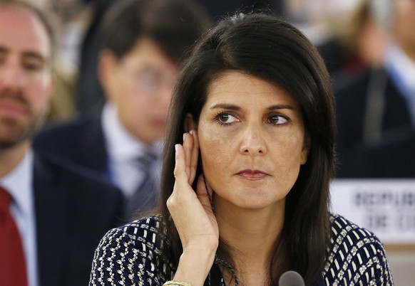 epa07081094 (FILE) - Ambassador Nikki Haley, United States permanent Representative to the United Nations, listens to a translation prior to deliver a speech about the current humanitarian situation i ...