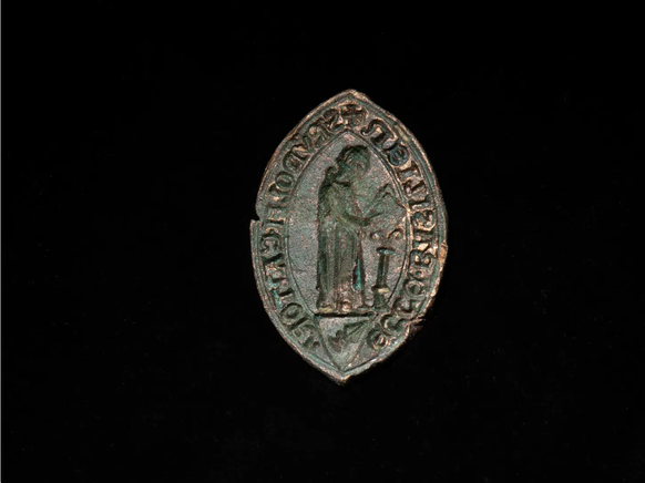 Spätmittelalterlicher Siegelstempel (Messing, 4,8 cm) des Domkantors Rudolf Kraft. Er wurde im Oktober bei archäologisch begleiteten Unterwasserarbeiten am Fuss der Pfalzmauer entdeckt.