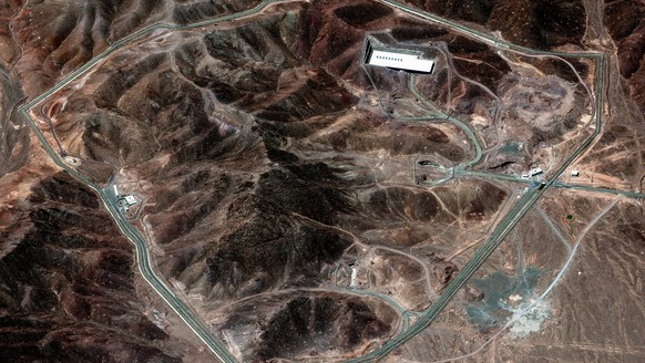 epa12182835 A handout satellite image made available by Maxar Technologies shows the Fordo (Fordow) nuclear facility, Iran, 14 June 2025 (issued 18 June 2025). Israel has been conducting strikes acros ...