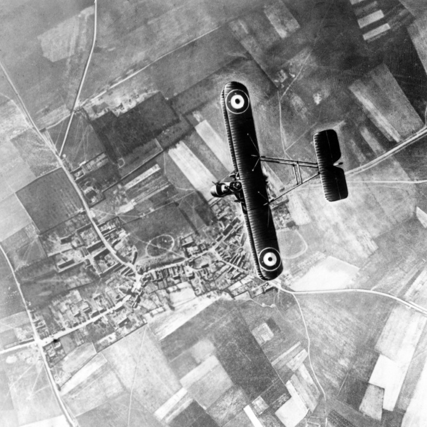 epa06641580 An undated handout provided by the Air Historical Branch-RAF (Royal Air Force) shows an n FE.2b two-seat fighter pictured high above the trenches on the Western Front during the first Worl ...