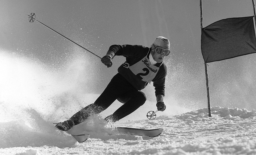 Ski racer Roger Staub at full speed during the 1959 Swiss Championships in Engelberg, Switzerland, where he won the gold medal in the giant slalom race.  (KEYSTONE/PHOTOPRESS-ARCHIVE/STR) The ski races...