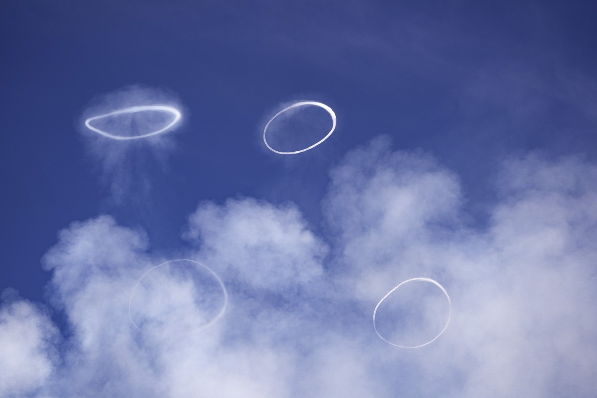 Volcanic vortex rings emerge from a new pit crater on the north side of the southeast crater of the Etna Volcano in Sicily, Italy, Friday, April 5, 2024. While the physical conditions under which volc ...