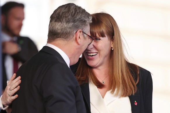 FILE - Britain's Prime Minister Keir Starmer and Deputy Prime Minister Angela Rayner attend a concert to mark the 80th Anniversary of V-E Day at Horse Guards Parade, London, Thursday May 8, 2025. ...
