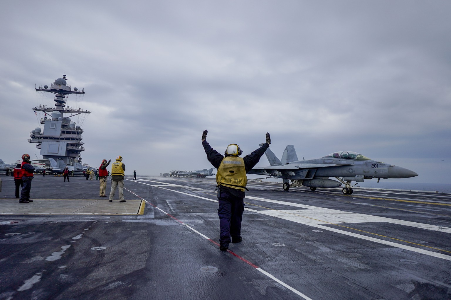 The world&#039;s largest warship, the American aircraft carrier USS Gerald R. Ford, in the North Sea off Denmark on Monday, May 22, 2023. (Hakon Mosvold Larsen/NTB via AP)