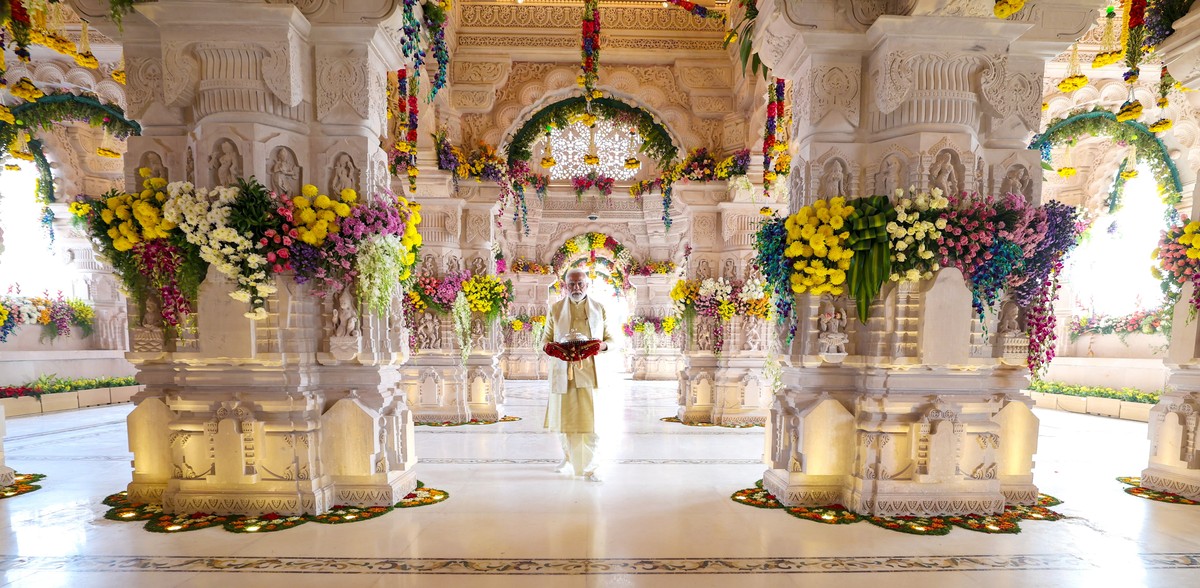 epa11096245 A handout photo made available by India's Press Information Bureau (PIB) shows Indian Prime Minister Narendra Modi attending the inauguration ceremony of the Ram Mandir temple in Ayod ...