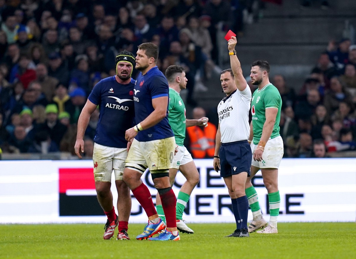 France's Paul Willemse is shown a red card after receiving a second yellow during the Guinness Six Nations match at the Orange Velodrome in Marseille, France. Picture date: Friday February 2, 202 ...