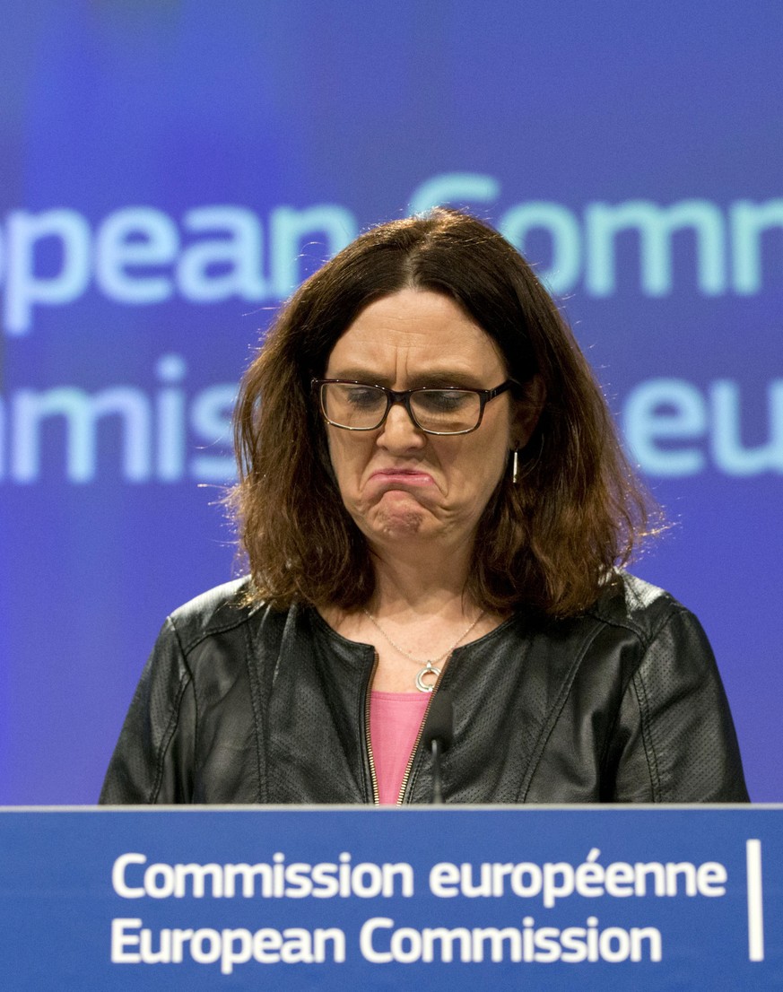 European Commissioner for Trade Cecilia Malmstroem pauses before answering a journalists question during a media conference at EU headquarters in Brussels on Wednesday, March 7, 2018. The European Uni ...