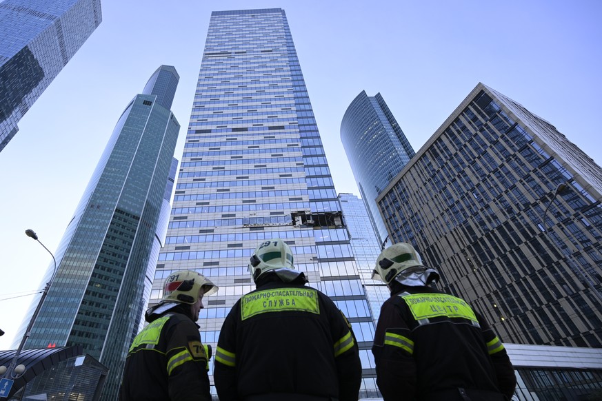 A view of the damaged skyscraper in the &quot;Moscow City&quot; business district after a reported drone attack in Moscow, Russia, early Sunday, July 30, 2023. (AP Photo)