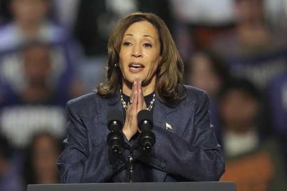 Democratic presidential nominee Vice President Kamala Harris speaks during a campaign rally at Jenison Field House on the campus of Michigan State University, Sunday, Nov. 3, 2024, in East Lansing, Mi ...