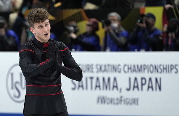 epa10542352 Lukas Britschgi of Switzerland reacts after performing in the Men&#039;s Free Skating at the ISU Figure Skating World Championships in Saitama, Japan, 25 March 2023. EPA/KIMIMASA MAYAMA
