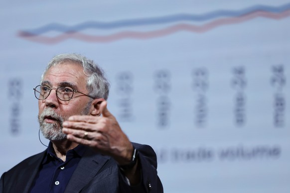 epa12537261 US economist and Nobel Laureate in Economic Sciences Paul Krugman speaks during the 4th Metafuturo Forum in Madrid, Spain, 20 November 2025. The forum serves as a platform for discussing t ...