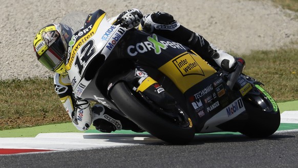 Switzerland&#039;s Thomas Luthi steers his Kalex during the qualifying session for Sunday&#039;s Italy Moto 2 race, at the Mugello circuit, in Scarperia, Italy, Saturday, June 3, 2017. (AP Photo/Anton ...