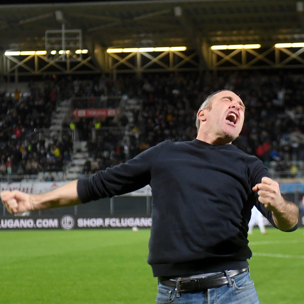 Lugano's Trainer Mattia Croci Torti reacts at the end of the 1/8 final Suisse Cup soccer match FC Lugano against BSC Young Boys, at the Cornaredo stadium in Lugano, Wednesday, October 27, 2021. ( ...