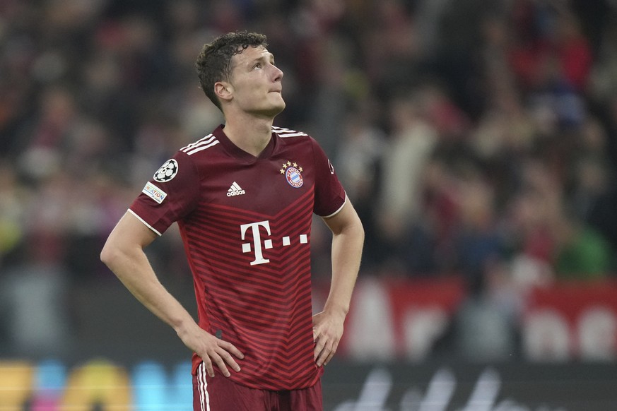 Bayern's Benjamin Pavard reacts to his team's loss end the Champions League, second leg, quarterfinal soccer match between Bayern Munich and Villareal at the Allianz Arena, in Munich, Germany, Tuesday ...