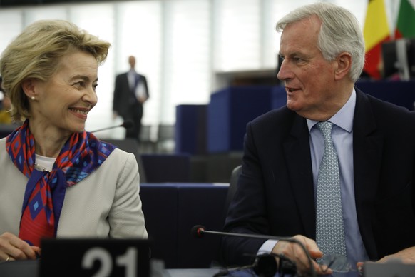 European Commission President Ursula von der Leyen talks to European Union chief Brexit negotiator Michel Barnier during a debate over how the UK and EU27 governments will manage citizens&#039; rights ...