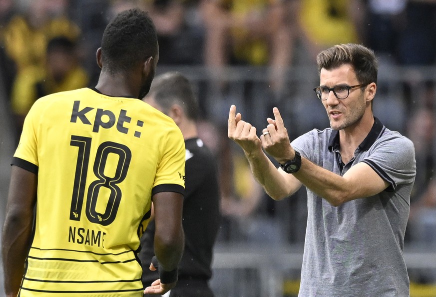 epa10096097 YB&#039;s head coach Raphael Wicky reacts during the UEFA Conference League 2nd qualifications round soccer match between BSC Young Boys Bern of Switzerland and FK Liepaja of Latvia, at th ...