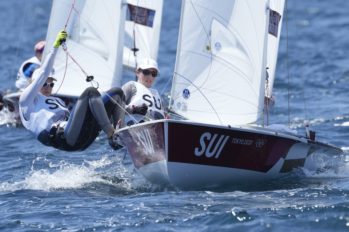 Switzerland's Maja Siegenthaler and Linda Fahrni compete during the women's 470 class at the 2020 Summer Olympics, Sunday, Aug. 1, 2021, in Fujisawa, Japan. (AP Photo/Gregorio Borgia)