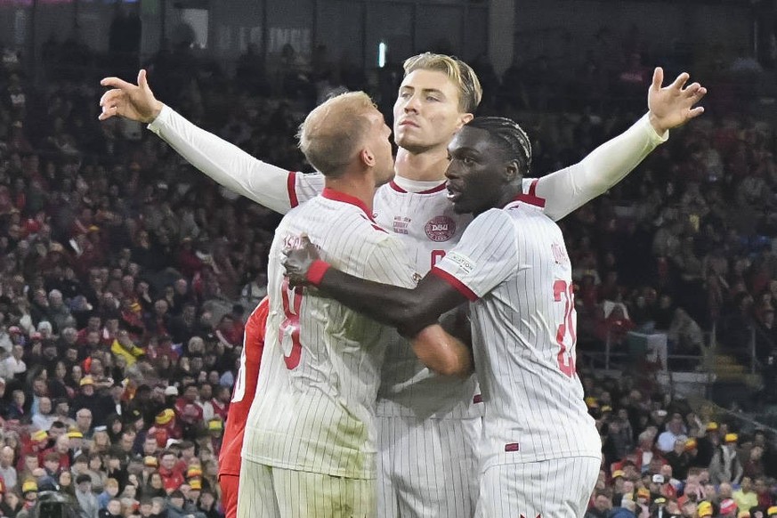 Football - 2026 / 2027 UEFA Nations League - League A, Group Four: Wales vs. Denmark - Cardiff City Stadium - Sunday 4th October 2026 Rasmus Hojlund DENMARK celebrates scoring his team s first goal, w ...