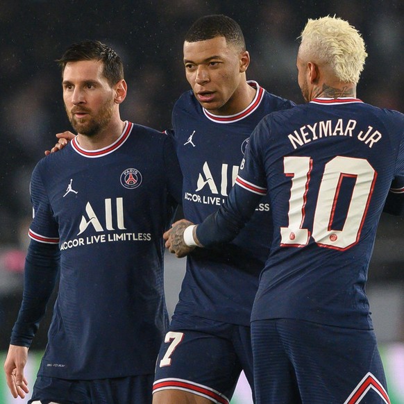 Champions League - PSG v Real Madrid Lionel Messi, Kylian Mbappe and Neymar Jr during the UEFA Champions League Round Of Sixteen Leg One match between Paris Saint-Germain and Real Madrid at Parc des P ...