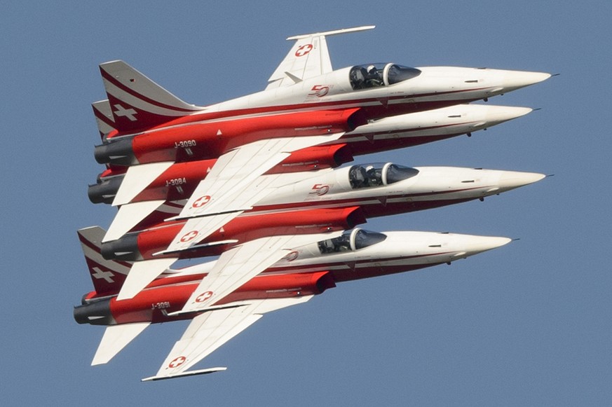 Tiger F5-E jets of the Patrouille Suisse perform at the AIR14 air show in Payerne, Switzerland, Saturday, September 6, 2014. The Air show AIR14 of the Swiss army marks the 100th anniversary of the Air ...