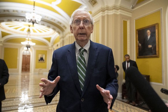 Senate Minority Leader Mitch McConnell, R-Ky., speaks to reporters after voting to approve a 45-day funding bill to keep federal agencies open, Saturday, Sept. 30, 2023, in Washington. (AP Photo/Andre ...