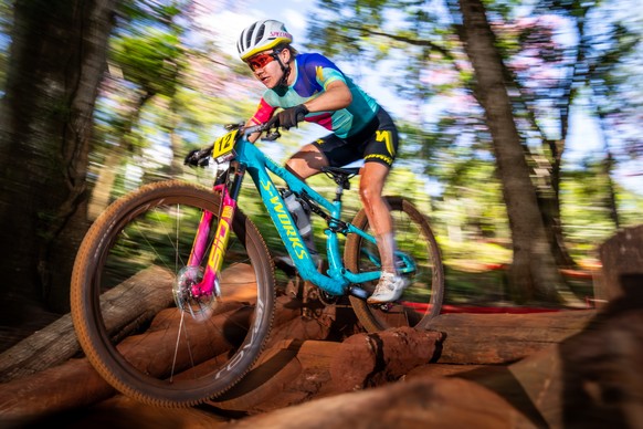 Sina Frei of Switzerland, in action during the Cross Country Women Elite, XCO, WHOOP UCI Mountain Bike World Series, on Sunday, April 21, 2023, in Araxa, Brazil. (KEYSTONE/Maxime Schmid)
