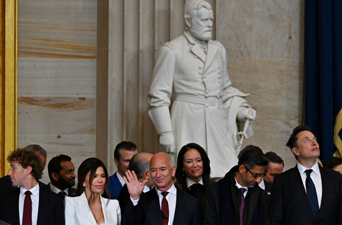 Meta CEO Mark Zuckerberg, Lauren Sanchez, founder of Amazon Jeff Bezos, Google CEO Sundar Pichai and Tesla CEO Elon Musk attend the inauguration day of U.S. President-elect Donald Trump's second  ...