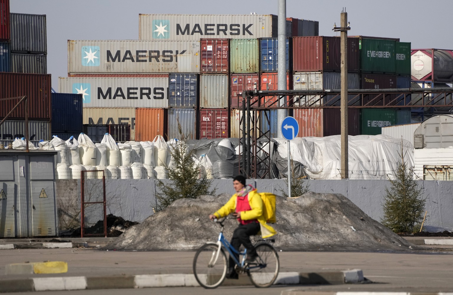 Shipping containers from the Maersk company are seen among others at a transshipment terminal in St. Petersburg, Russia, Thursday, March 24, 2022. Danish shipping company Maersk has suspended bookings ...