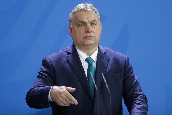 FILE - Hungary&#039;s Prime Minister Victor Orban briefs the media in Berlin, Germany, on Feb. 10, 2020. The Hungarian parliament has refused a proposal to hold a vote on Sweden?s bid to join NATO, fu ...