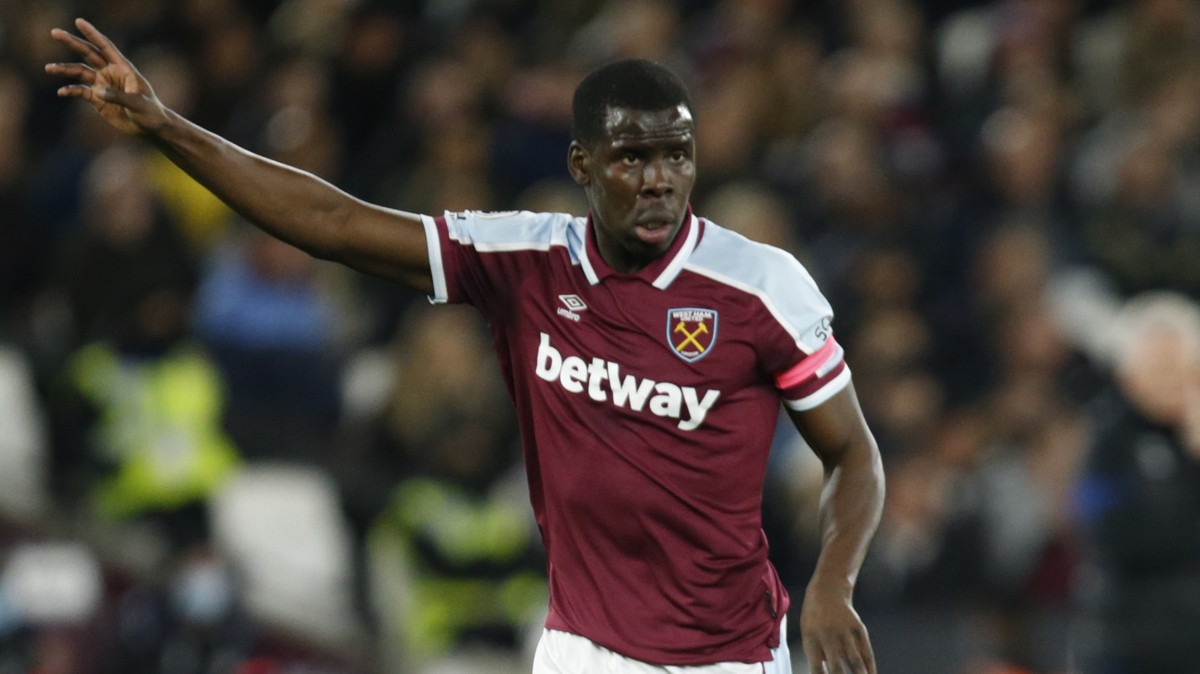 West Ham's Kurt Zouma signals during an English Premier League soccer match between West Ham United and Watford at the London stadium in London, Tuesday, Feb. 8, 2022. (AP Photo/David Cliff)