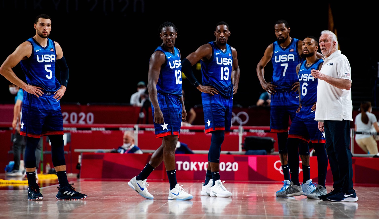 210725 Zachary Lavine, Jrue Holiday, Edrice Femi Adebayo, Kevin Wayne Durant, Damian Lillard and Gregg Popovich, head coach of USA, in the basketball game between France and USA during day 2 of the To ...