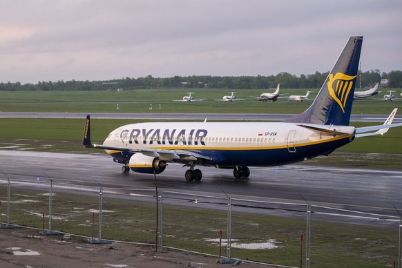 The Ryanair plane with registration number SP-RSM, carrying opposition figure Raman Pratasevich which was traveling from Athens to Vilnius and was diverted to Minsk after a bomb threat, lands at the I ...