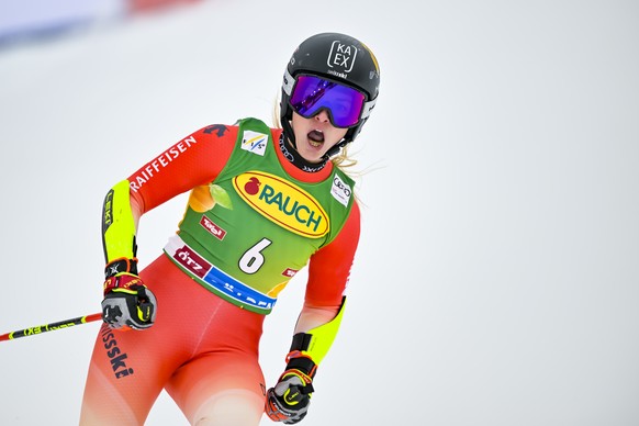Lara Gut-Behrami from Switzerland reacts in the finish are during the second run of the Womens Giant Slalom race of the FIS Alpine Ski World Cup season opener on the Rettenbach glacier, in Soelden, A ...
