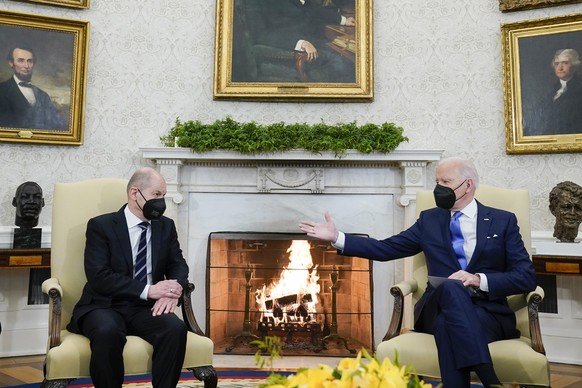 President Joe Biden gestures during a meeting with German Chancellor Olaf Scholz in the Oval Office of the White House, Monday, Feb. 7, 2022, in Washington. (AP Photo/Alex Brandon)
Joe Biden,Olaf Scho ...