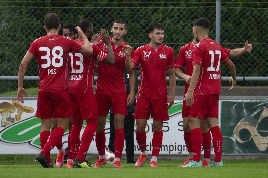 Stade-Lausanne-Ouchy&#039;s players celebrates their first goal after scoring the 0:1, during the Challenge League soccer match of Swiss Championship between Yverdon Sport FC and FC Stade-Lausanne-Ouc ...