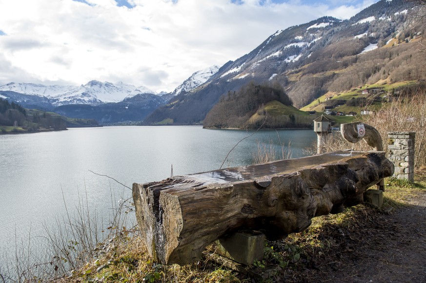 ARCHIVBILD ZUR UEBERGANGSREGELUNG FUER WASSERZINSREDUKTION --- Der Lungerersee vom Kraftwerk Kaiserstuhl mit einem Holzbrunnen bei wechselhaftem Wetter am Donnerstag, 23. Januar 2014. (KEYSTONE/Sigi T ...