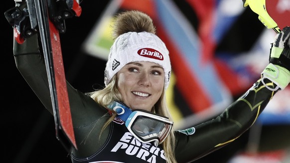 United States' Mikaela Shiffrin celebrates after taking second place in an alpine ski, women's World Cup slalom in Zagreb, Croatia, Saturday, Jan. 4, 2020. (AP Photo/Gabriele Facciotti)