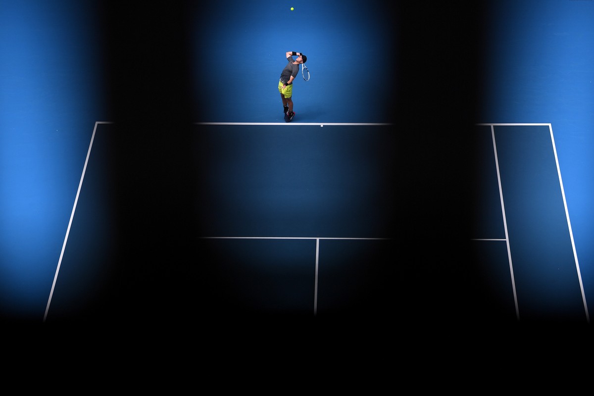 epaselect epa08142934 Andrew Harris of Australia in action against Matteo Berrettini of Italy during a first round match on day one of the Australian Open tennis tournament at Melbourne Arena in Melbo ...