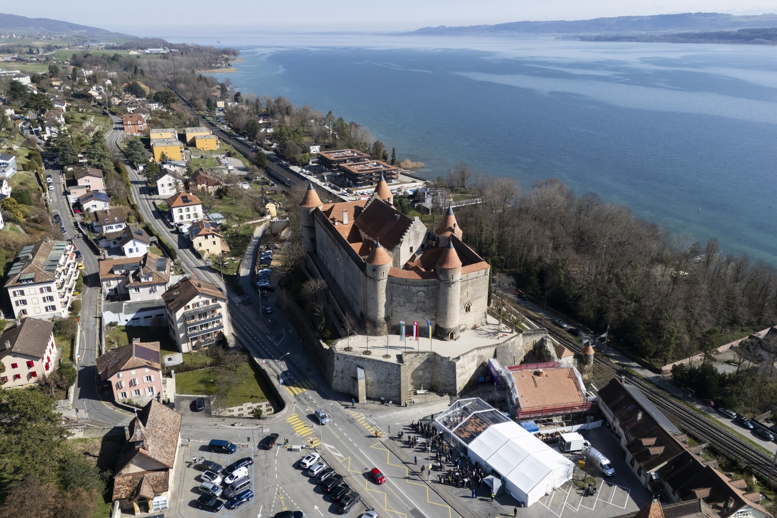 Le Chateau de Grandson photographie lors de la commemoration du 550eme anniversaire de la bataille de Grandson et l'inauguration de la restauration du chateau ce lundi 2 mars 2026 a Grandson. (KE ...