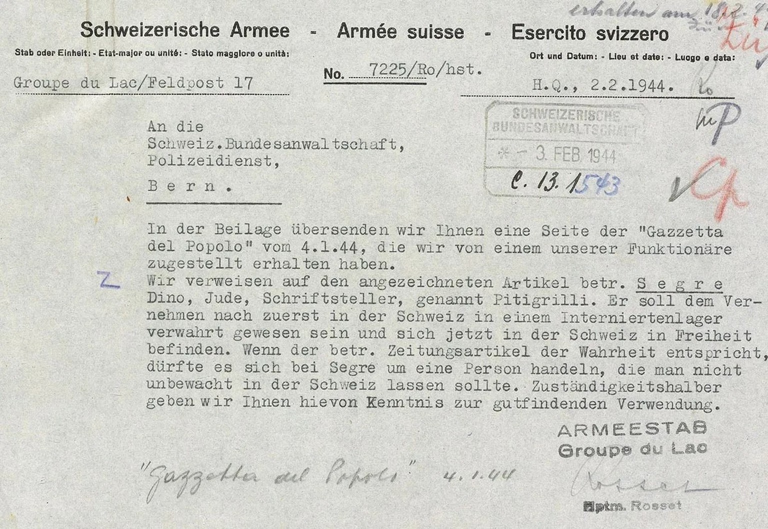 Die Armee informierte die Bundesanwaltschaft 1944 über die zweifelhafte Vergangenheit von Pitigrilli. Die Konsequenzen blieben aus.
https://viewer.recherche.bar.admin.ch/?manifest=https://www.recherch ...