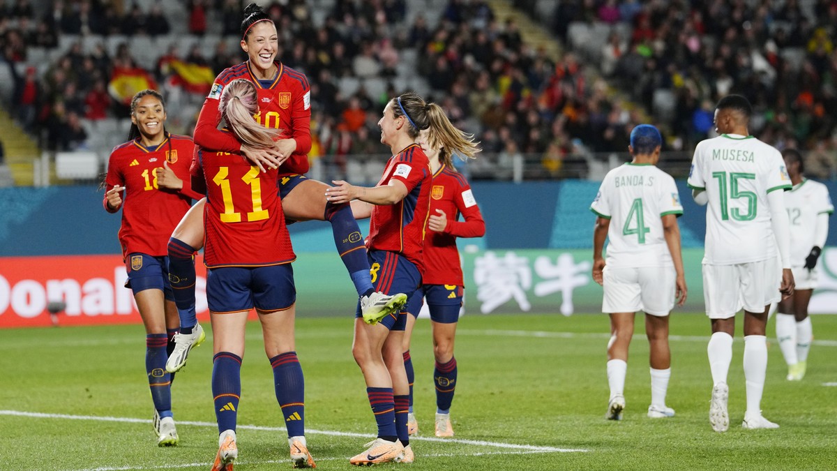 Spain's Jennifer Hermoso jumps into the arms of teammate Alexia Putellas celebrating after scoring her side's second goal during the Women's World Cup Group C soccer match between Spain ...