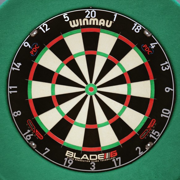 epa11055685 The dart board on display ahead of the PDC World Darts final between Britain?s Luke Littler and Britain?s Luke Humphries, in London, Britain, 03 January 2024. EPA/ANDY RAIN