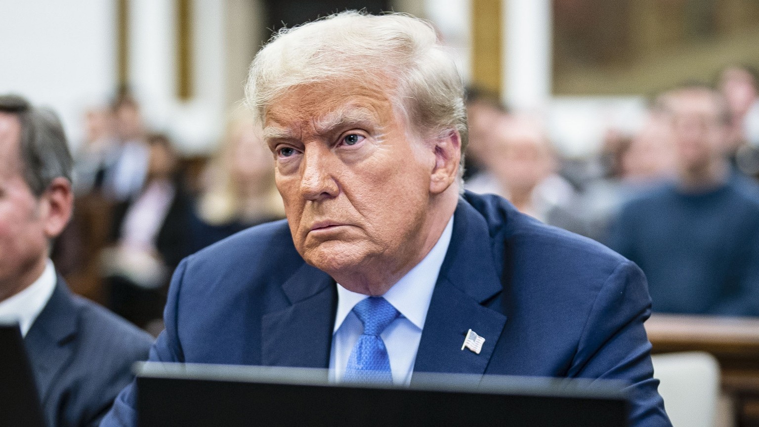 epa10960668 Former US president Donald J. Trump sits in the courtroom before testifying in the ongoing civil fraud trial being litigated in New York State Supreme Court in New York, New York, USA, 06  ...